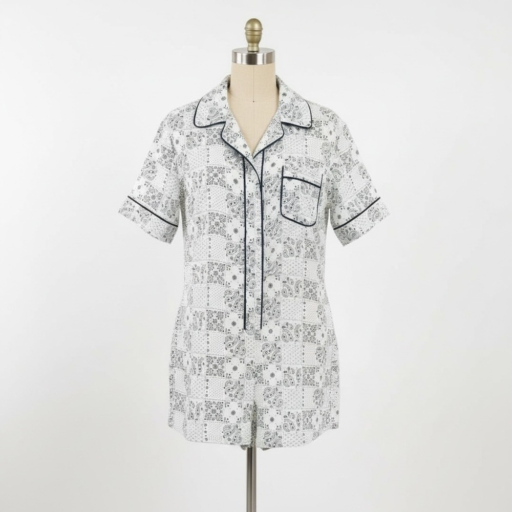 Mable Paisley Patchwork Romper Button Front Pajama Style White Blue Small